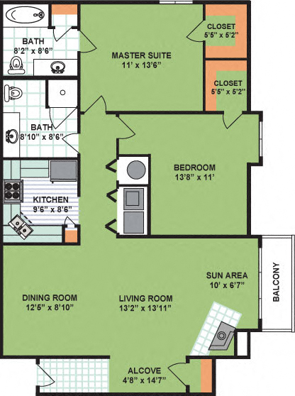 Floor plan for 2 beds, 2 baths, 1250 sqft